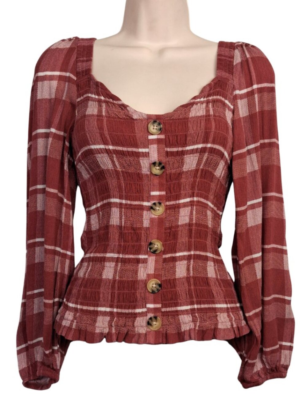 FRESHMAN Plaid Top Long Bubble Sleeve Smocked Button Burgundy Print M